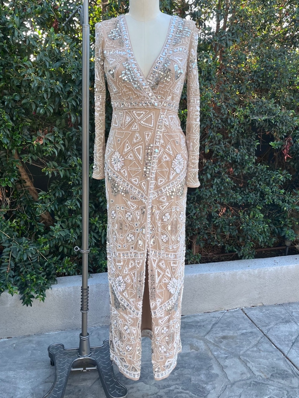 Missguided Nude Beaded Sequin Maxi Dress US 4 UK 8 Formal Party V-Neck Sleeves